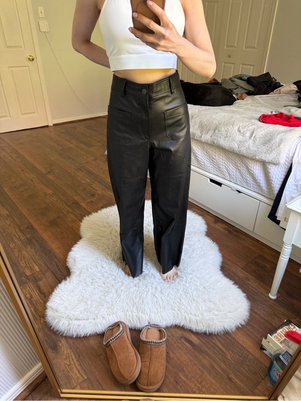 Zara Black Faux Leather High-Rise Straight Leg Jeans